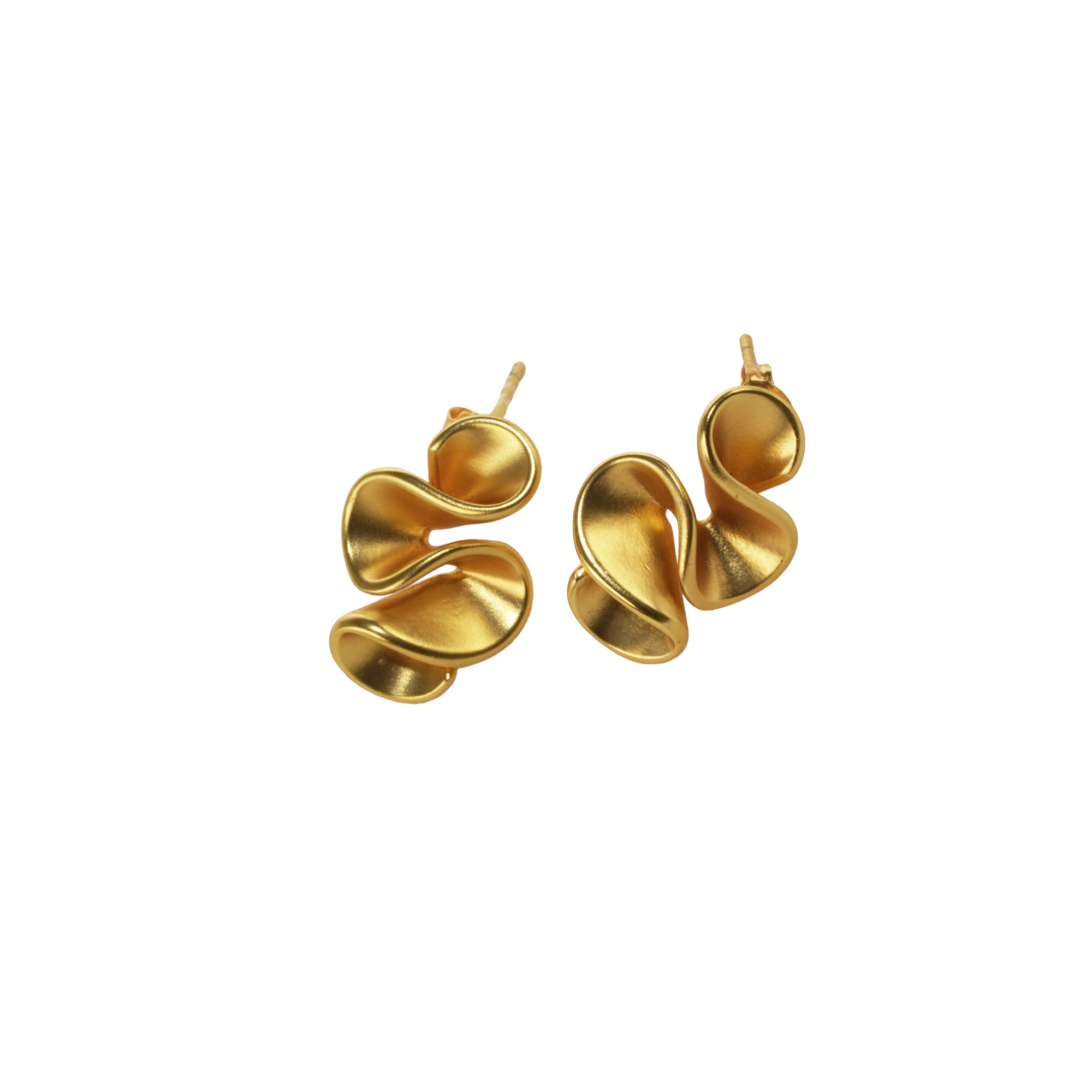 Twyla Earrings, 18K gold plated 925 silver earrings with sculptural wavy petal design, shown from an angled view.