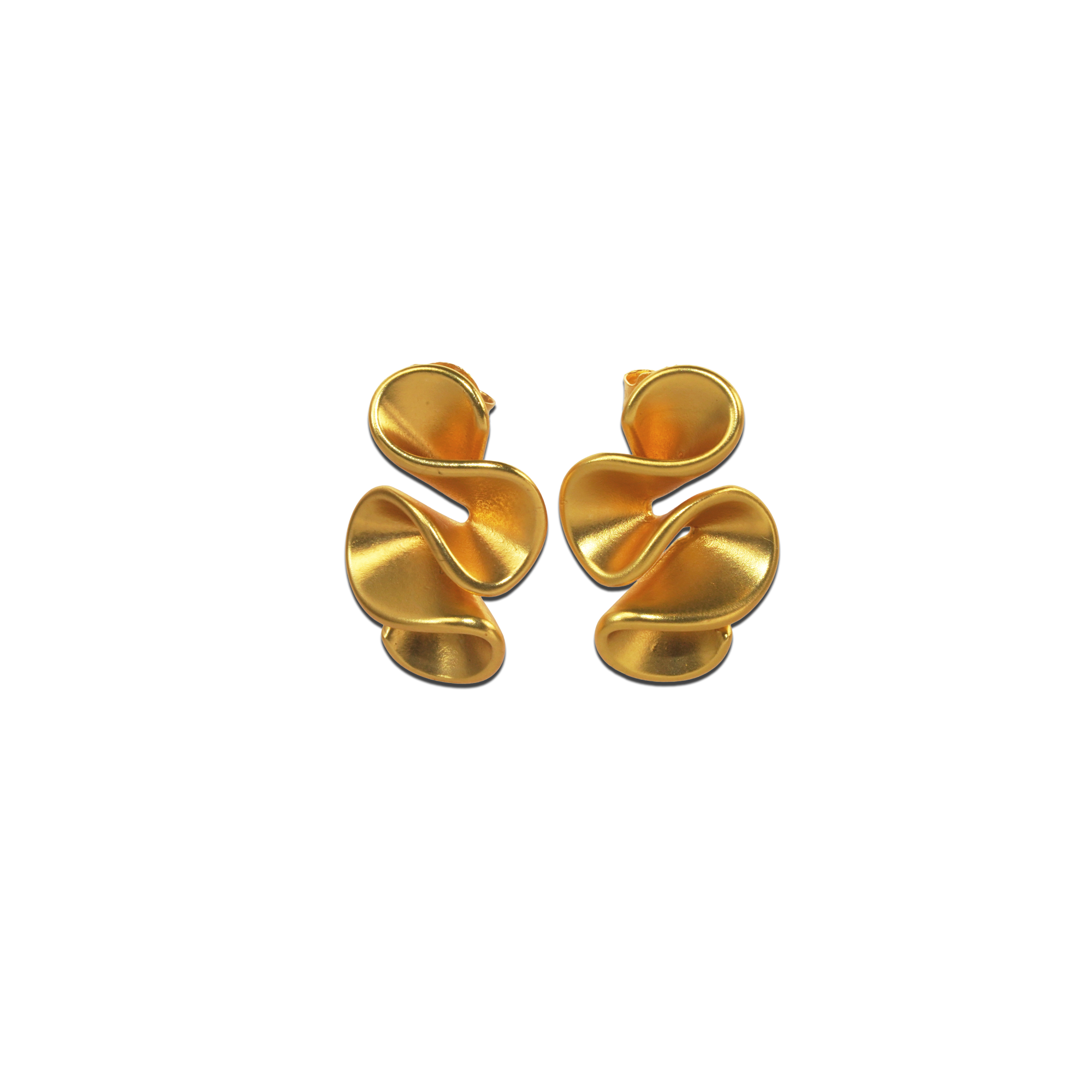 Twyla Earrings, an 18K gold plated 925 silver earring pair with curved ribbon-like design, shown from the front.