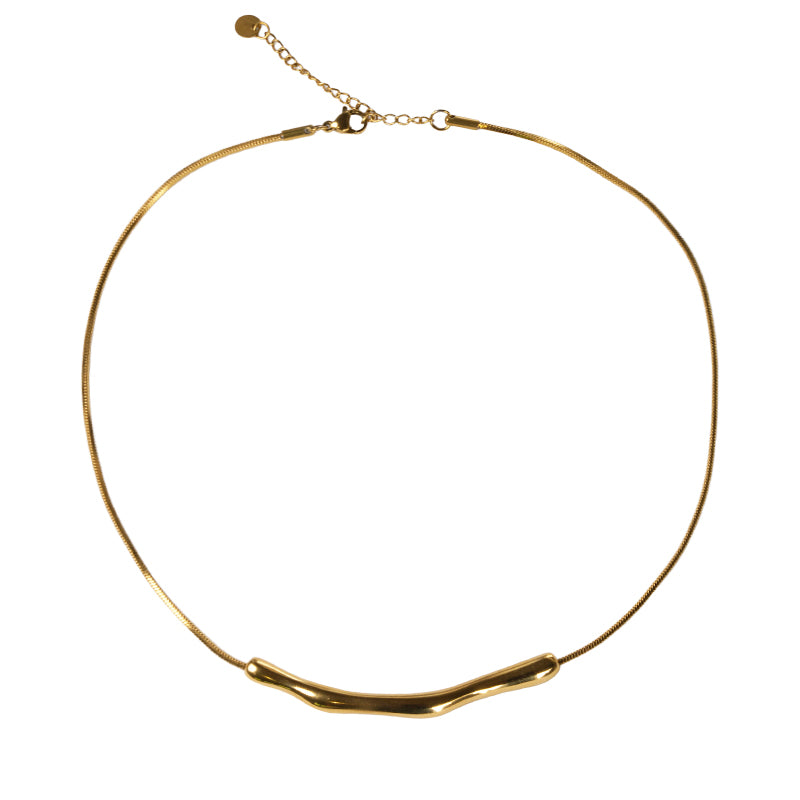 18K gold plated stainless steel necklace with a curved bar centerpiece on a thin snake chain, shown flat.
