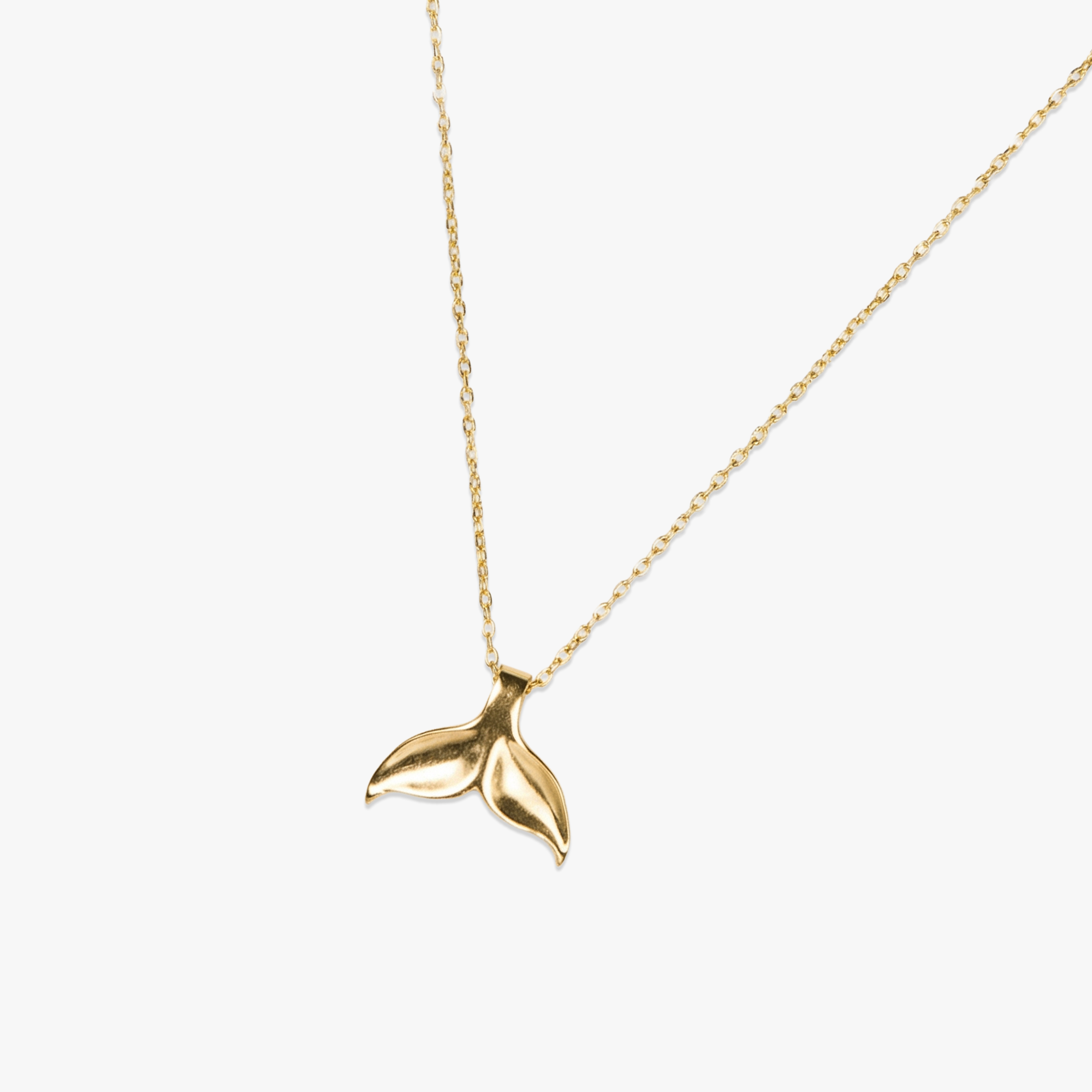 Gold plated Ariel Whale Tail Necklace on delicate chain, 925 silver with 14K gold plating.