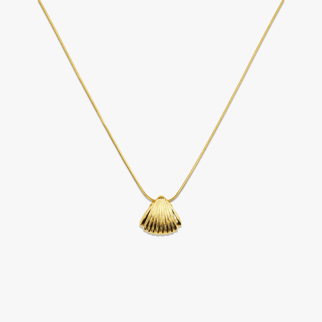 Aurora Shell Gold necklace with 18K gold plated 925 silver seashell pendant on chain.