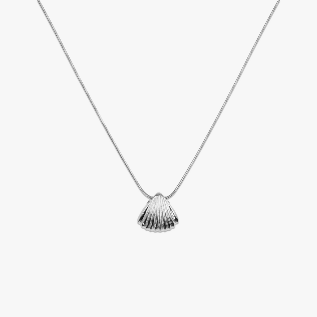 Aurora Shell Silver necklace featuring 925 sterling silver seashell pendant on delicate chain.