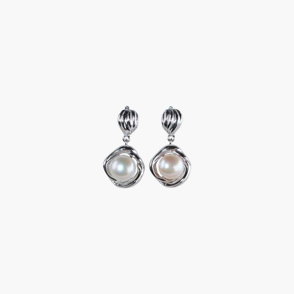 # Bianca Earrings - 925 Silver Drop Earrings with White Pearls in Textured Silver Setting