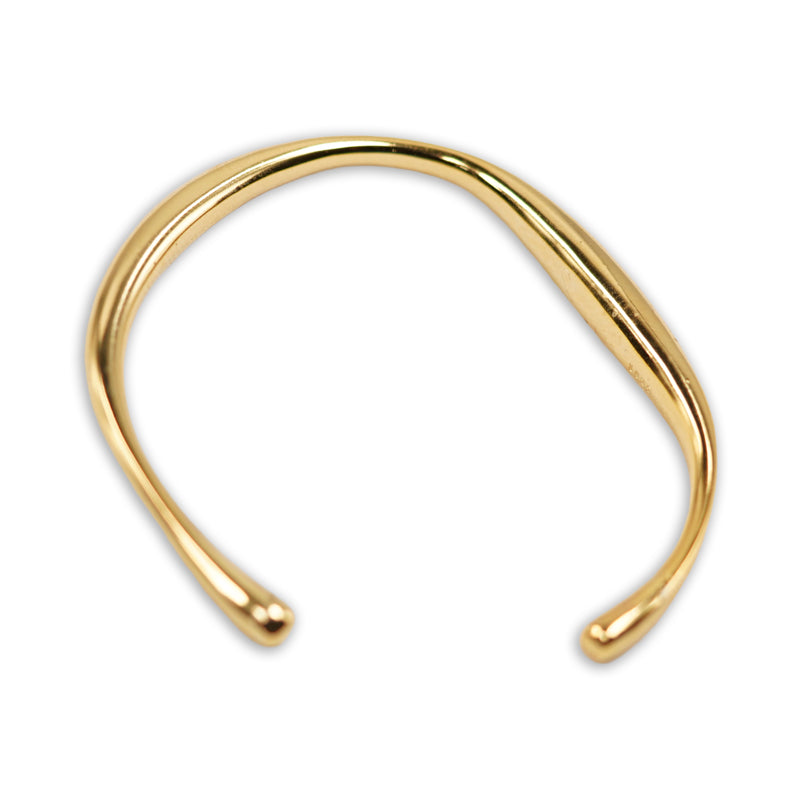 Eloise Twisted Bangle, an 18K gold plated 925 silver bangle with twisted double wire design and open ends, shown at an angle.