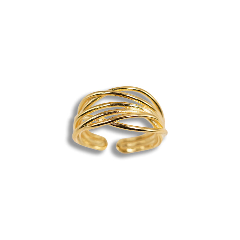 Raven Twisted Gold Ring, an 18K gold plated 925 silver ring with interwoven bands, shown at an angle.