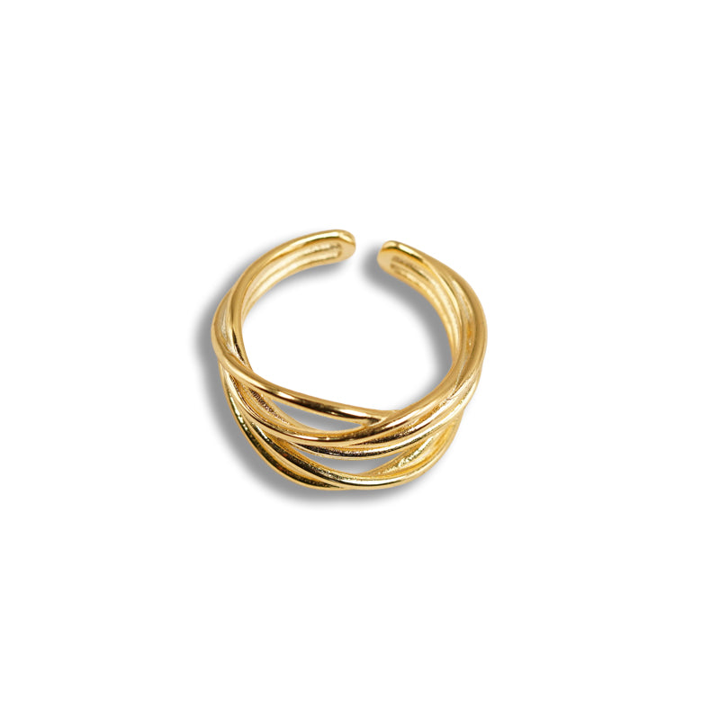 Raven Twisted Gold Ring, an 18K gold plated 925 silver ring with intertwined bands, shown at an angle.