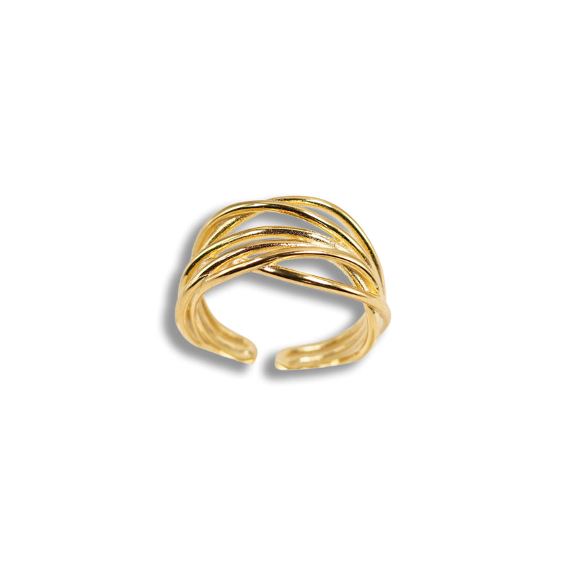 Raven Twisted Gold Ring, an 18K gold plated 925 silver ring with interwoven twisted bands, shown at an angle.