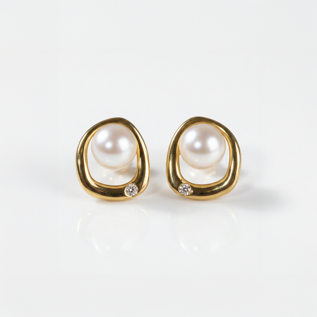 Gold-plated pearl and diamond stud earrings with organic curved design, Daisy Earrings