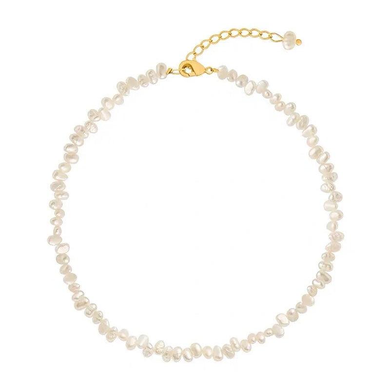 Elyse Pearls - Necklace, a 14K gold plated stainless steel necklace with freshwater pearls, shown flat on white.