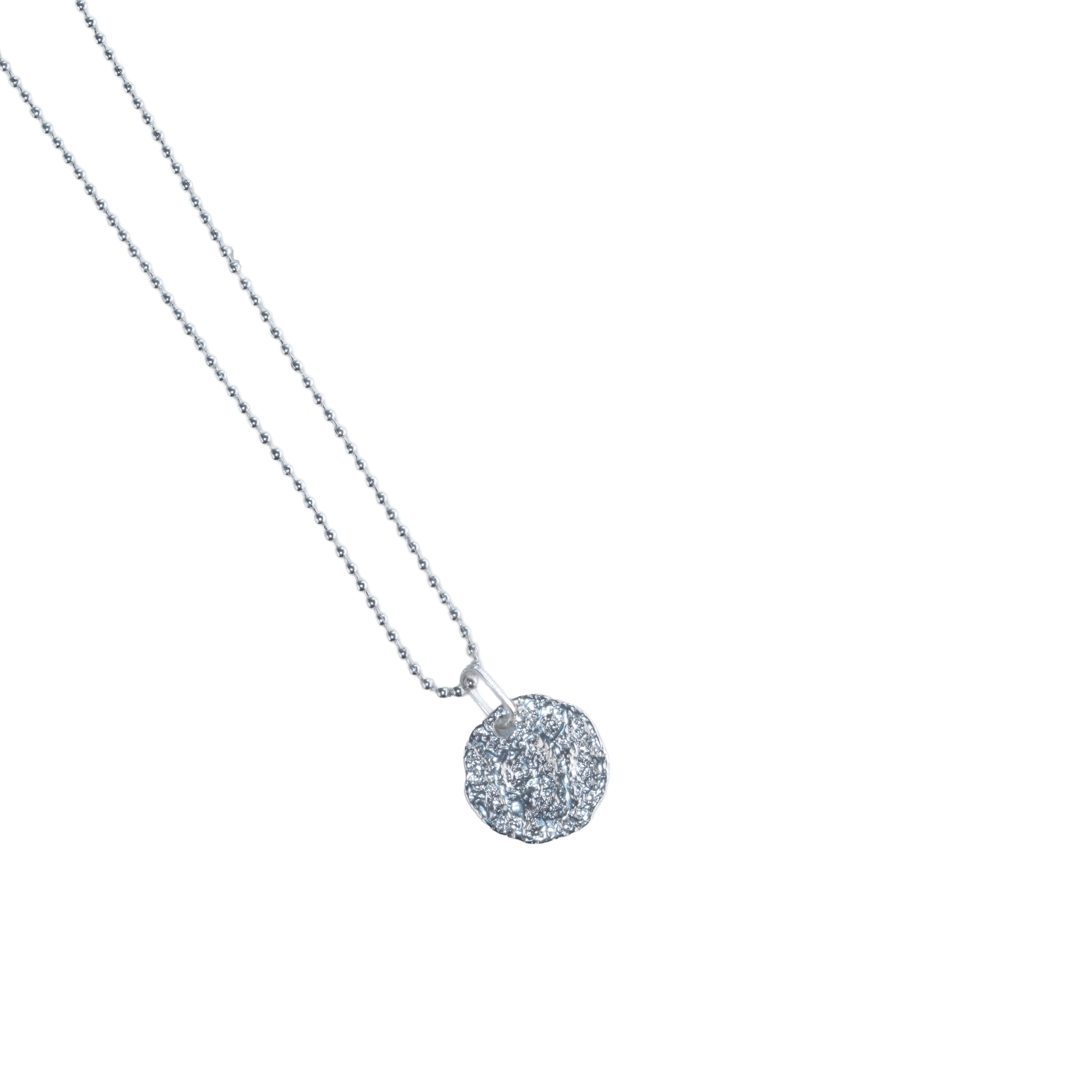 925 Silver full moon pendant necklace with textured surface, shown at an angle on a chain.