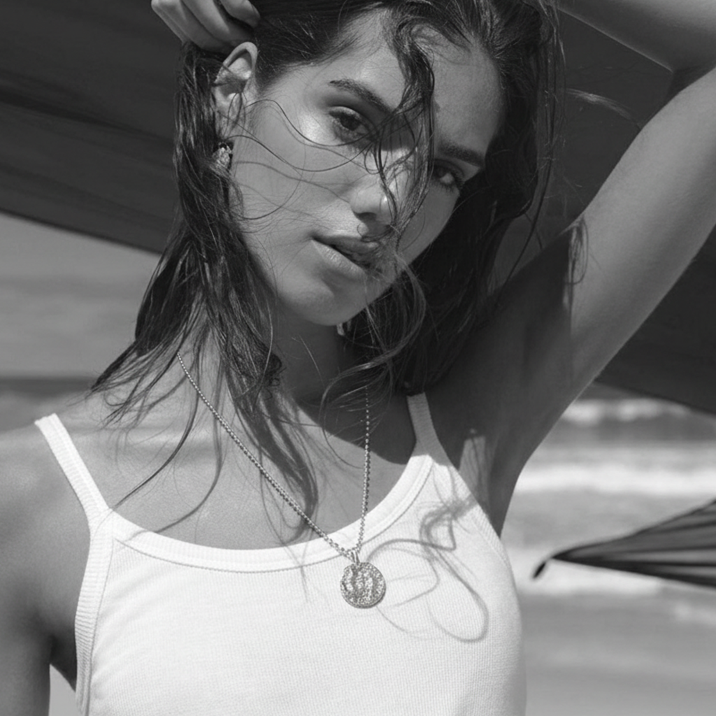 Woman wearing Alex Necklace, 925 silver plated circular pendant necklace with detailed pattern design.