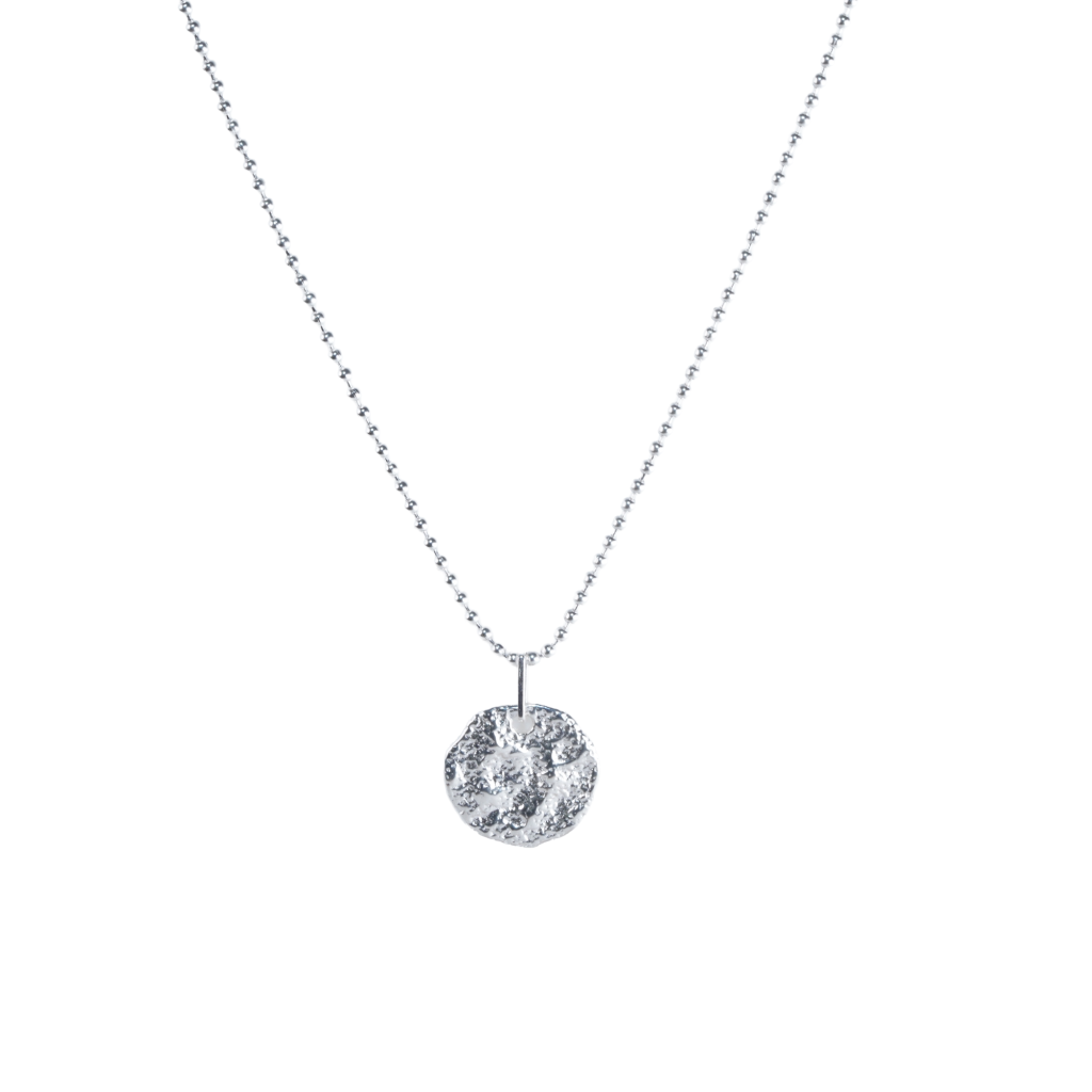 Alex Necklace: 925 silver necklace with textured round pendant on ball chain, silver plated.