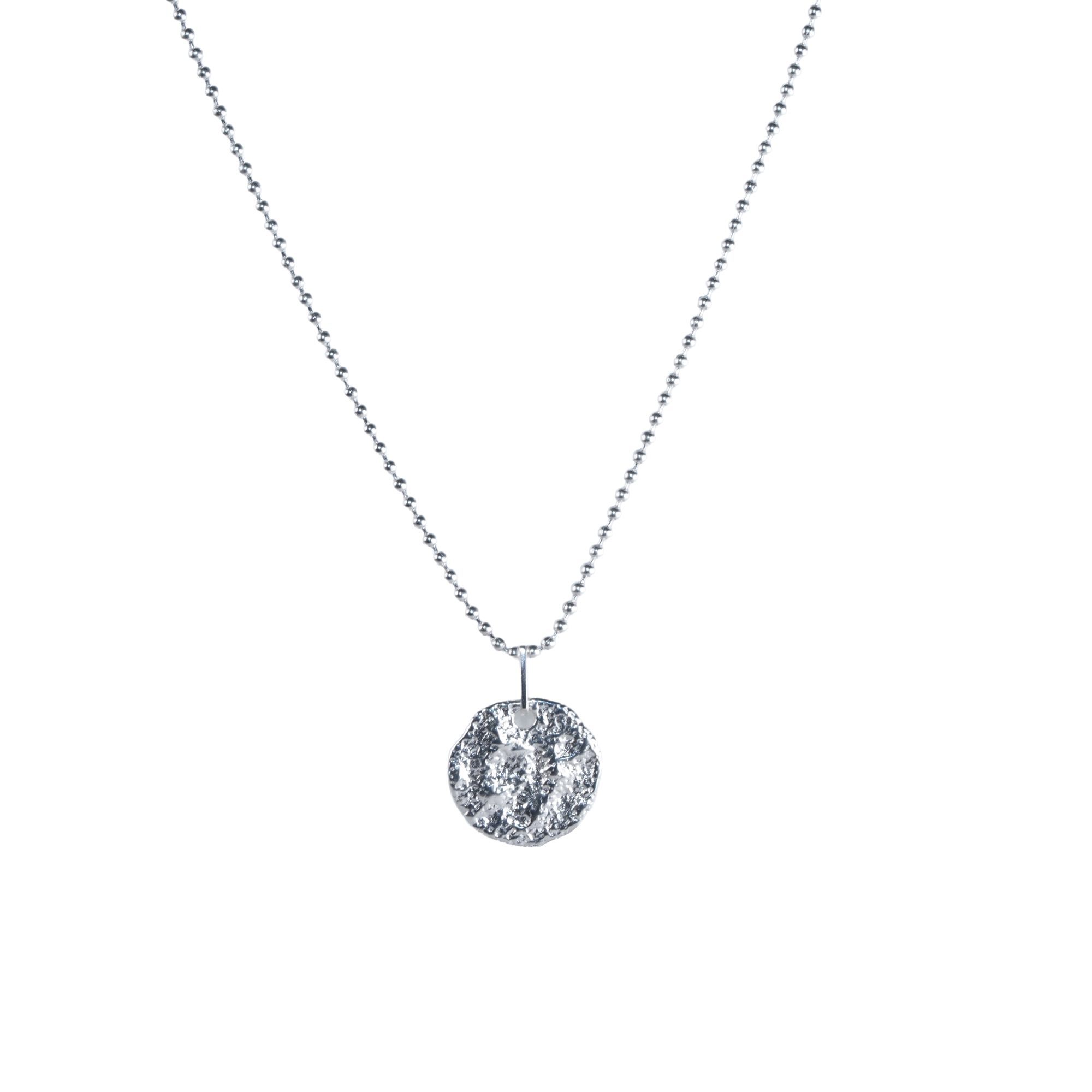 925 Silver full moon pendant necklace with textured surface, shown hanging straight down.