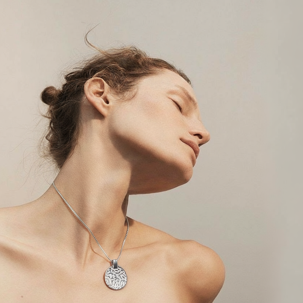 Orion Necklace, a 925 silver necklace with textured circular pendant, shown worn on a model with head tilted back.