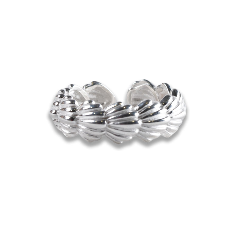 Shiloh Ring, a 925 silver ring with scalloped shell design, shown from a side angle.