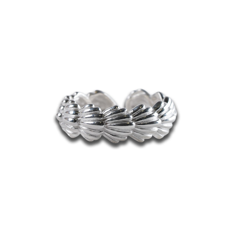 Shiloh Ring, a 925 silver ring with a textured scalloped shell pattern, shown at an angle.