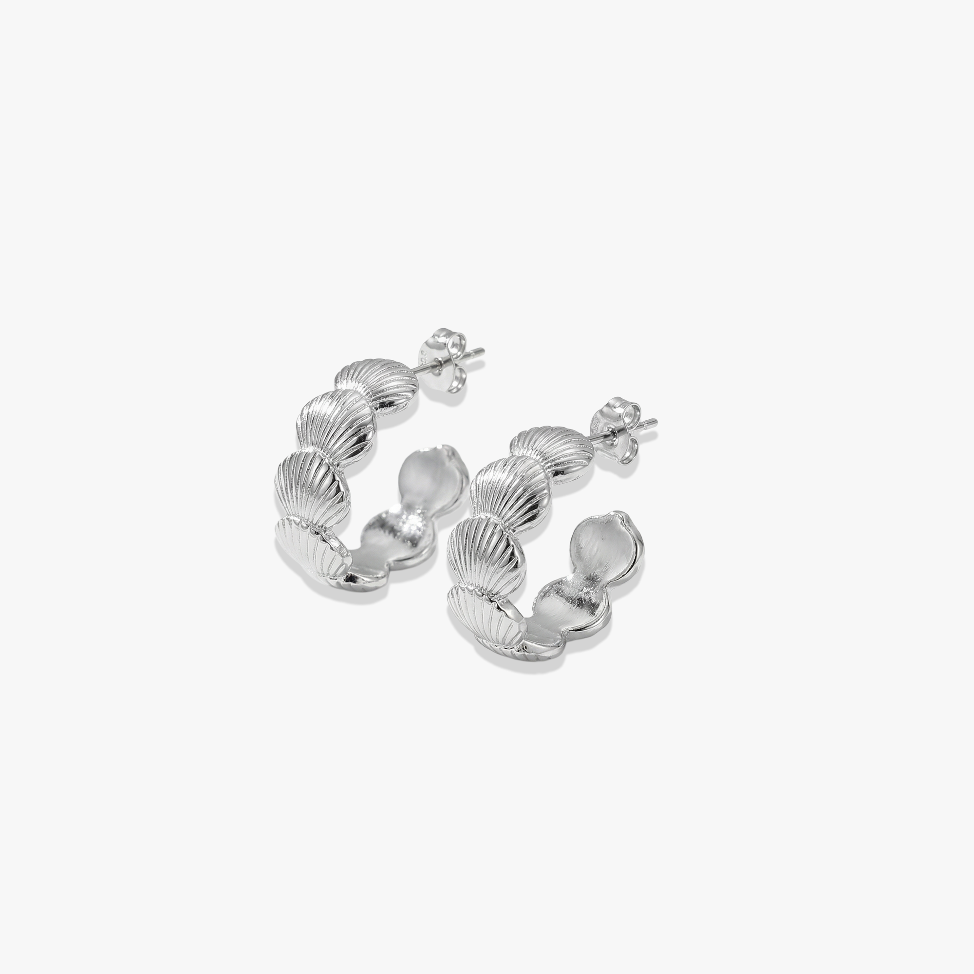 Isla Hoops-Silver 925 sterling silver textured shell-design hoop earrings with post backs
