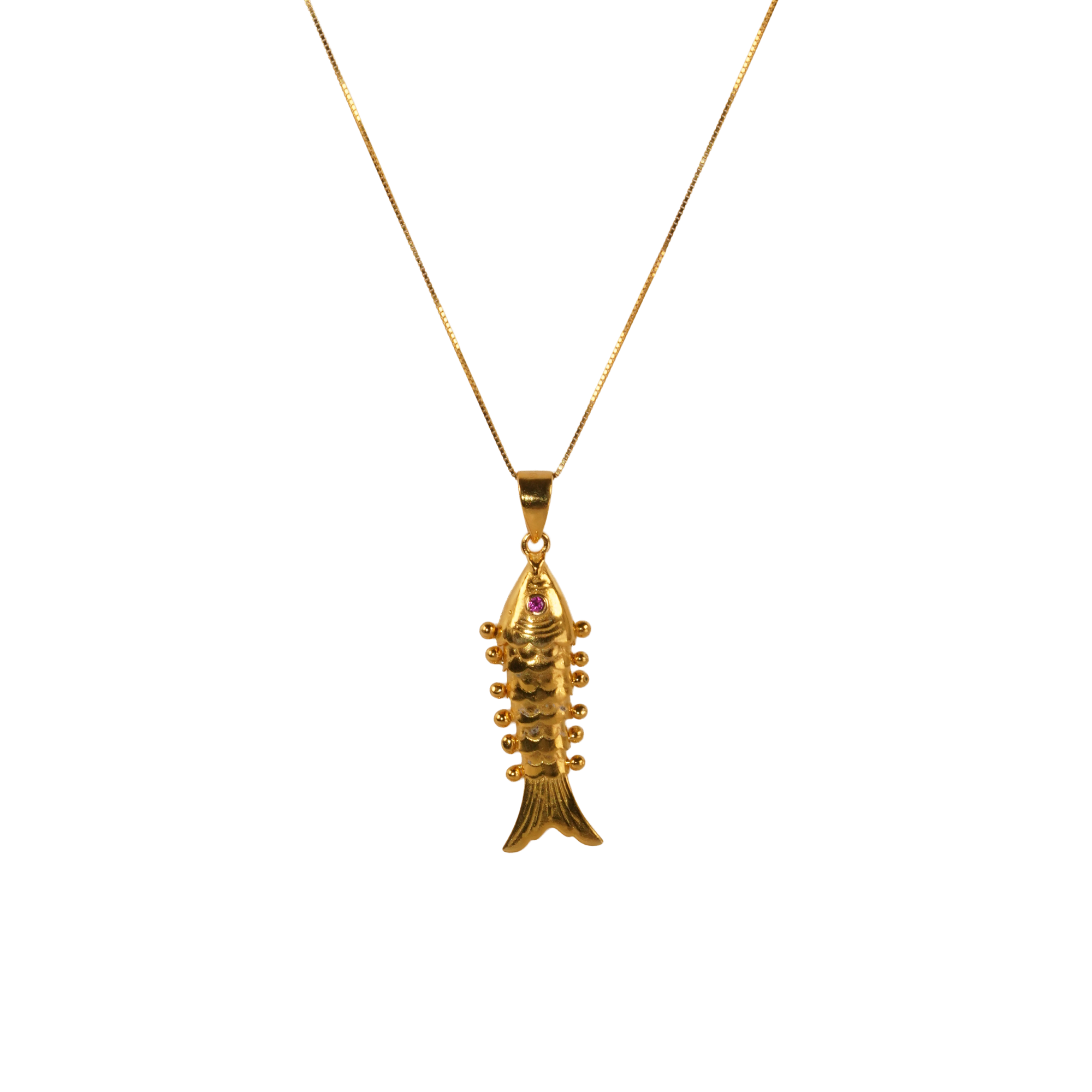 Kai Glow Necklace, an 18K gold plated 925 silver necklace with articulated fish pendant, shown on display bust.