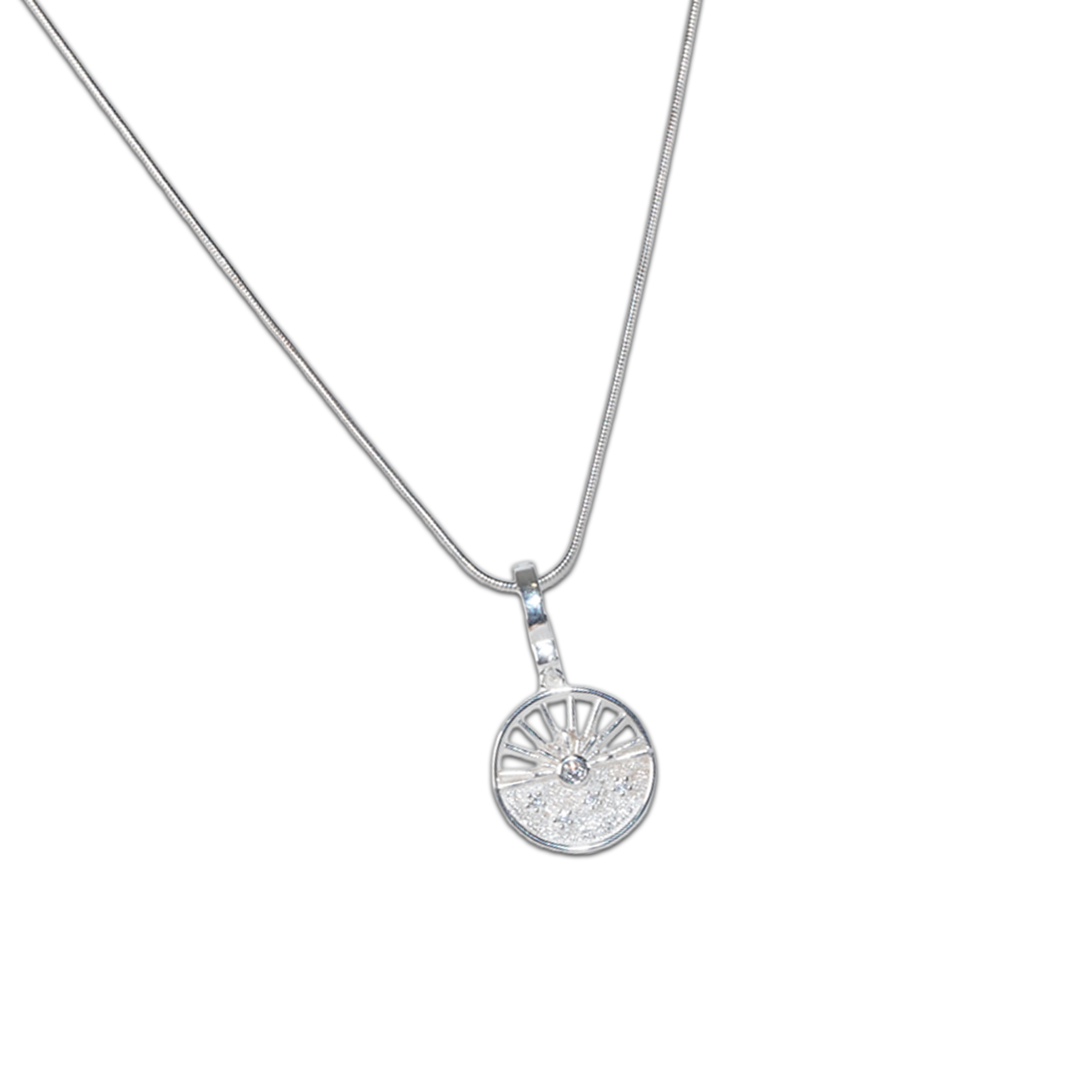Rosalie Pendant, a 925 silver necklace with circular textured pendant featuring radiating lines, shown on black background.