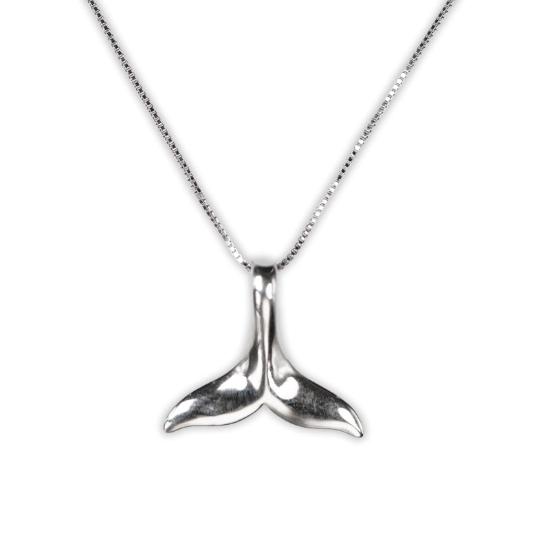 Selene Necklace, a 925 silver necklace with whale tail pendant, shown on ball chain.