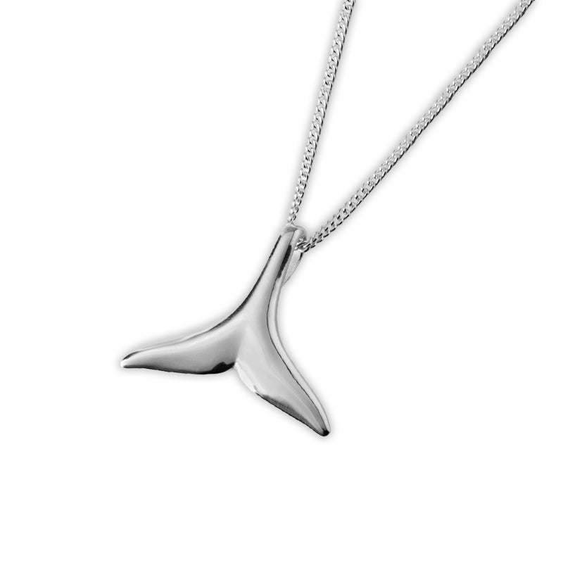 Selene Necklace, a 925 silver necklace with whale tail pendant, shown at an angle on a chain.