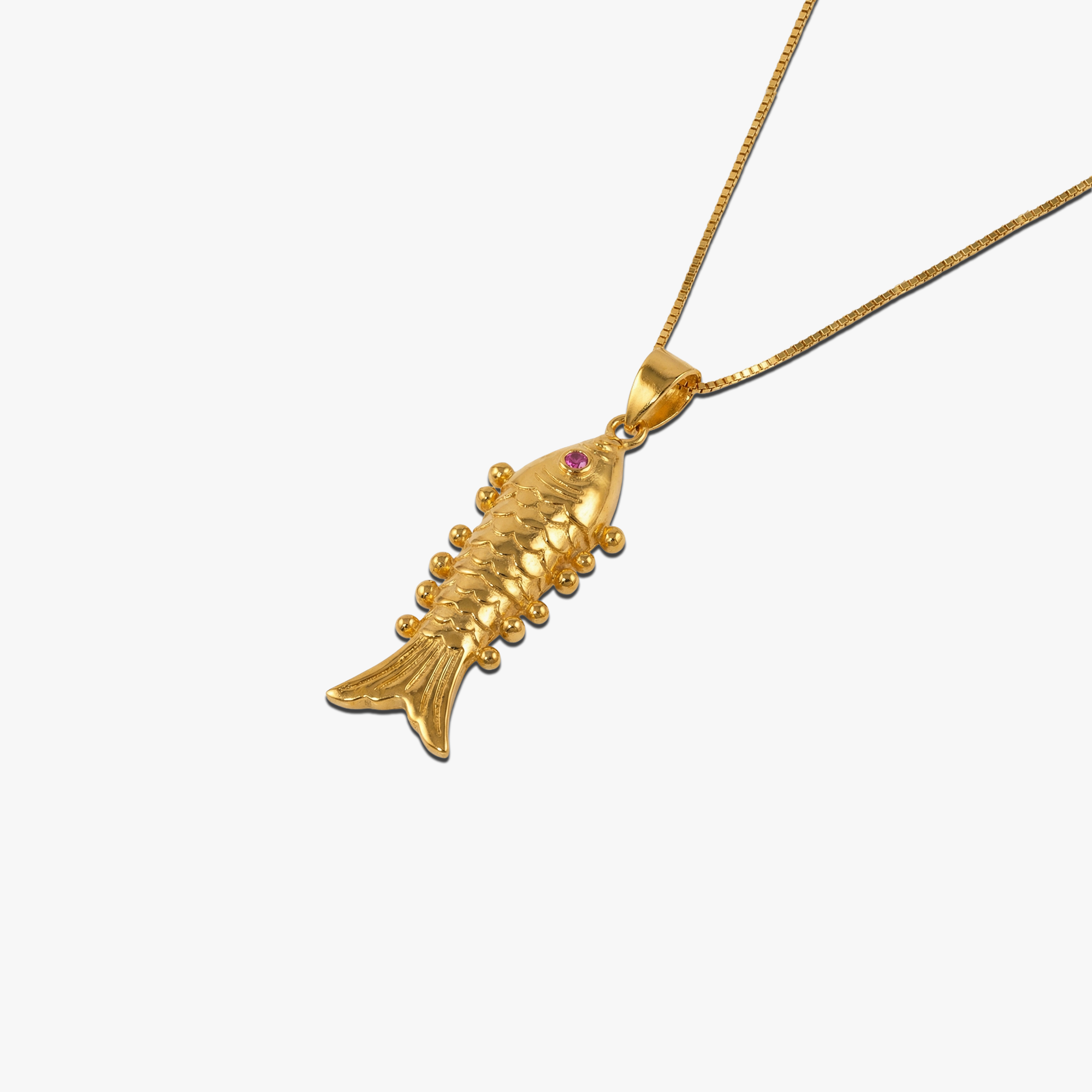 Gold plated fish pendant necklace with pink gemstone eye on chain - Kai Glow