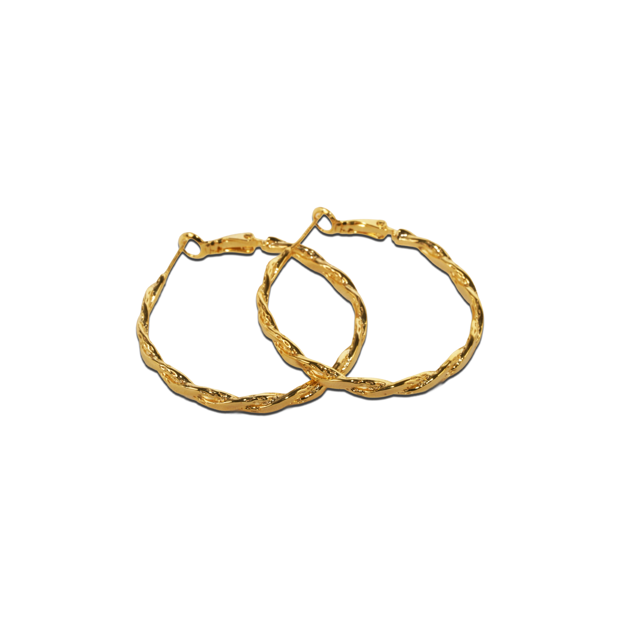 37.5mm hoop with twist, a 14K Gold plated 925 Silver earring, shown as a pair on black background.