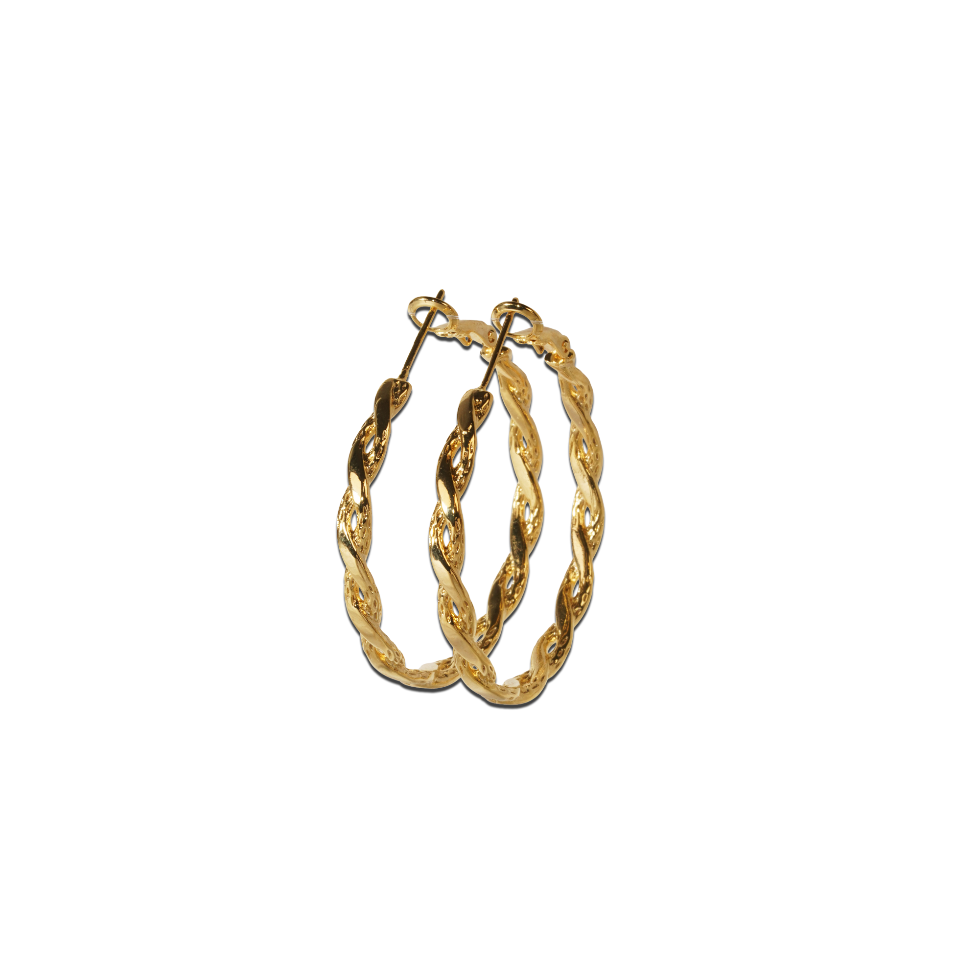 37.5mm hoop with twist, a 14K gold plated 925 silver earring, shown as a pair against black background.