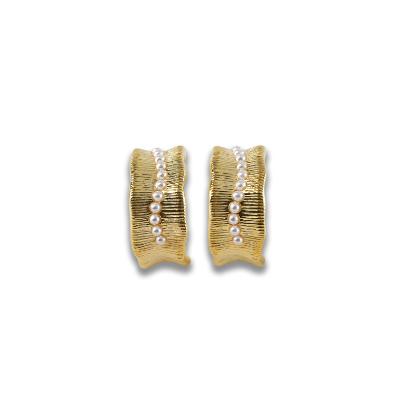 Lucian Earrings- Gold, an 18K gold plated 925 silver earring with textured rectangular design and pearl accents, shown as a pair from the front.