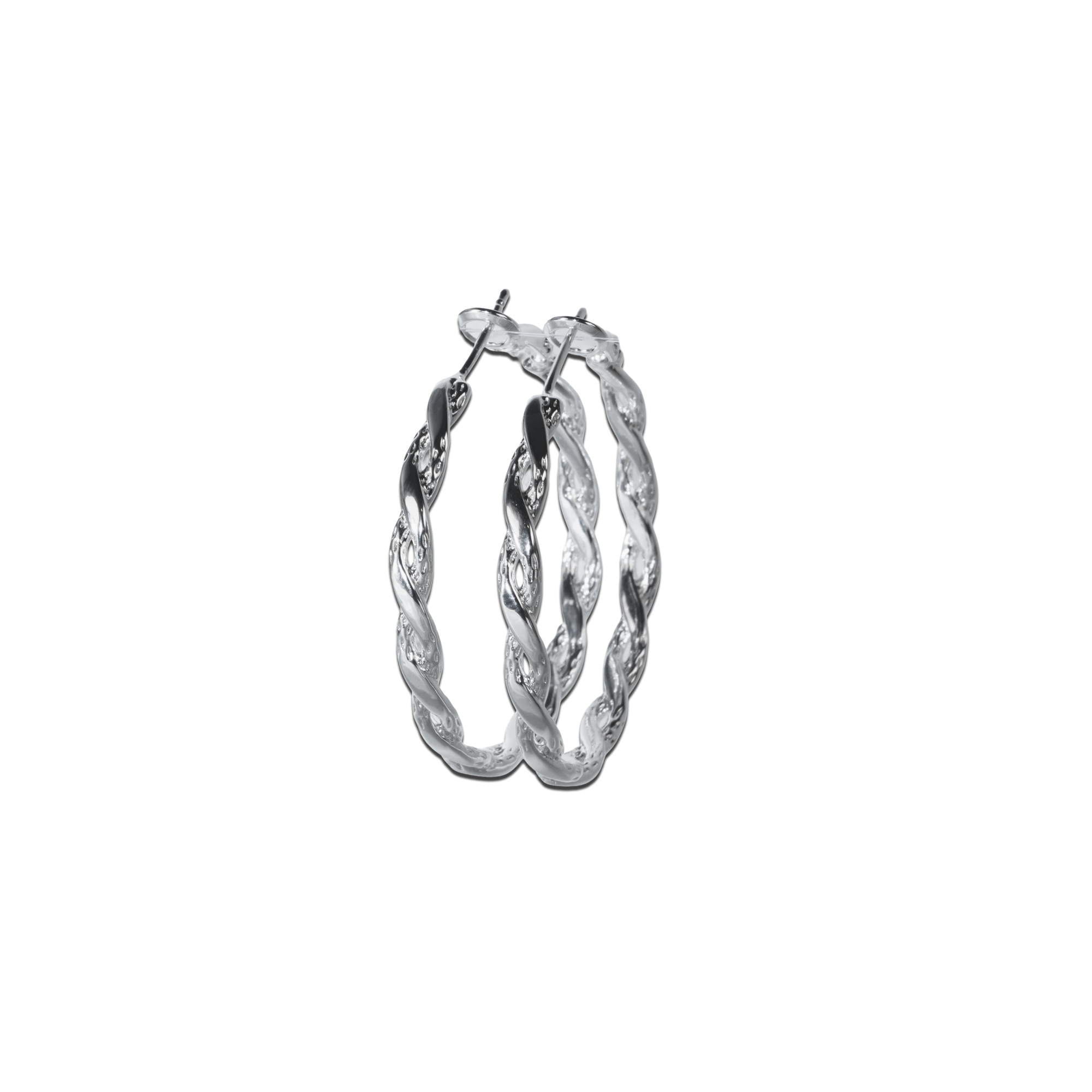 Milo Hoops- Silver, a 925 silver twisted hoop earring, shown flat against black background.