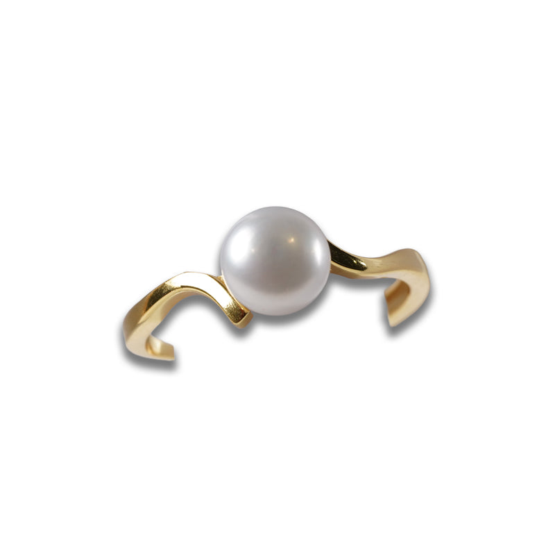 Ebb and Pearl Ring, an 18K gold plated 925 silver ring with a white pearl, shown at an angled view.