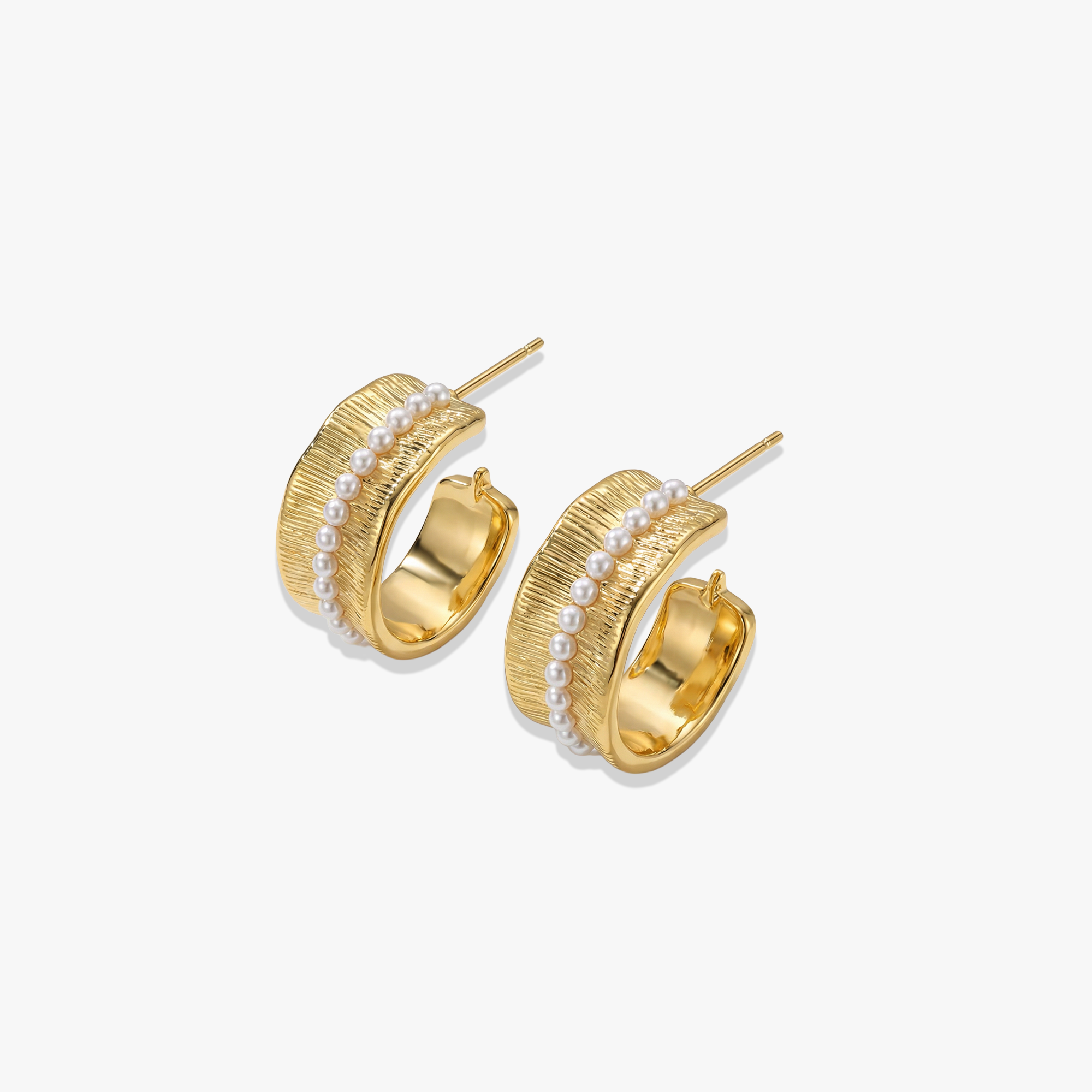 Gold-plated textured hoop earrings with pearl accent beads - Lucian Earrings Gold 925 Silver