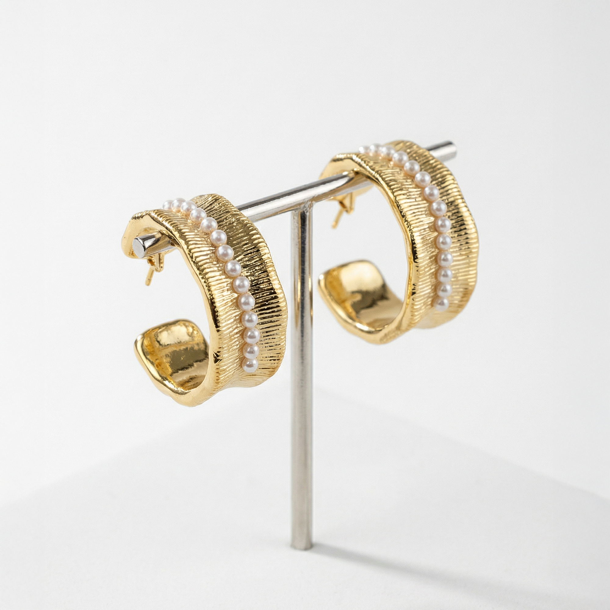 Gold-plated hoop earrings with white pearl embellishments and textured design - Lucian Earrings Gold