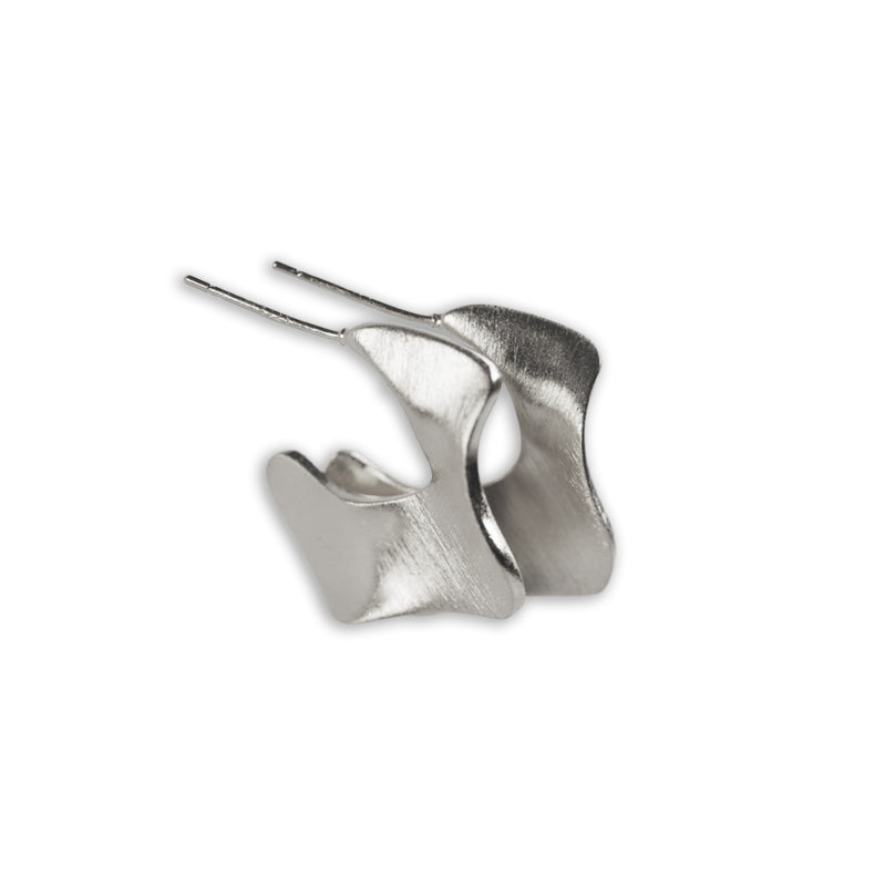 Willow Earrings-Silver, a 925 silver earring with wavy, organic curved design, shown from a side angle.