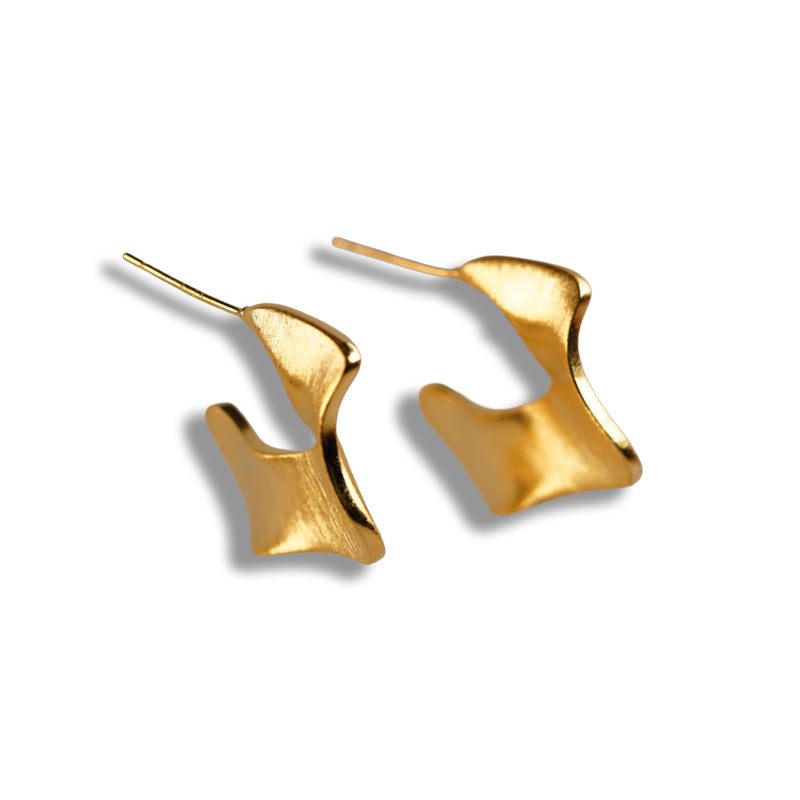 Willow Earrings-Gold, an 18K gold plated 925 silver earring pair with curved, organic petal-like shapes, shown flat.
