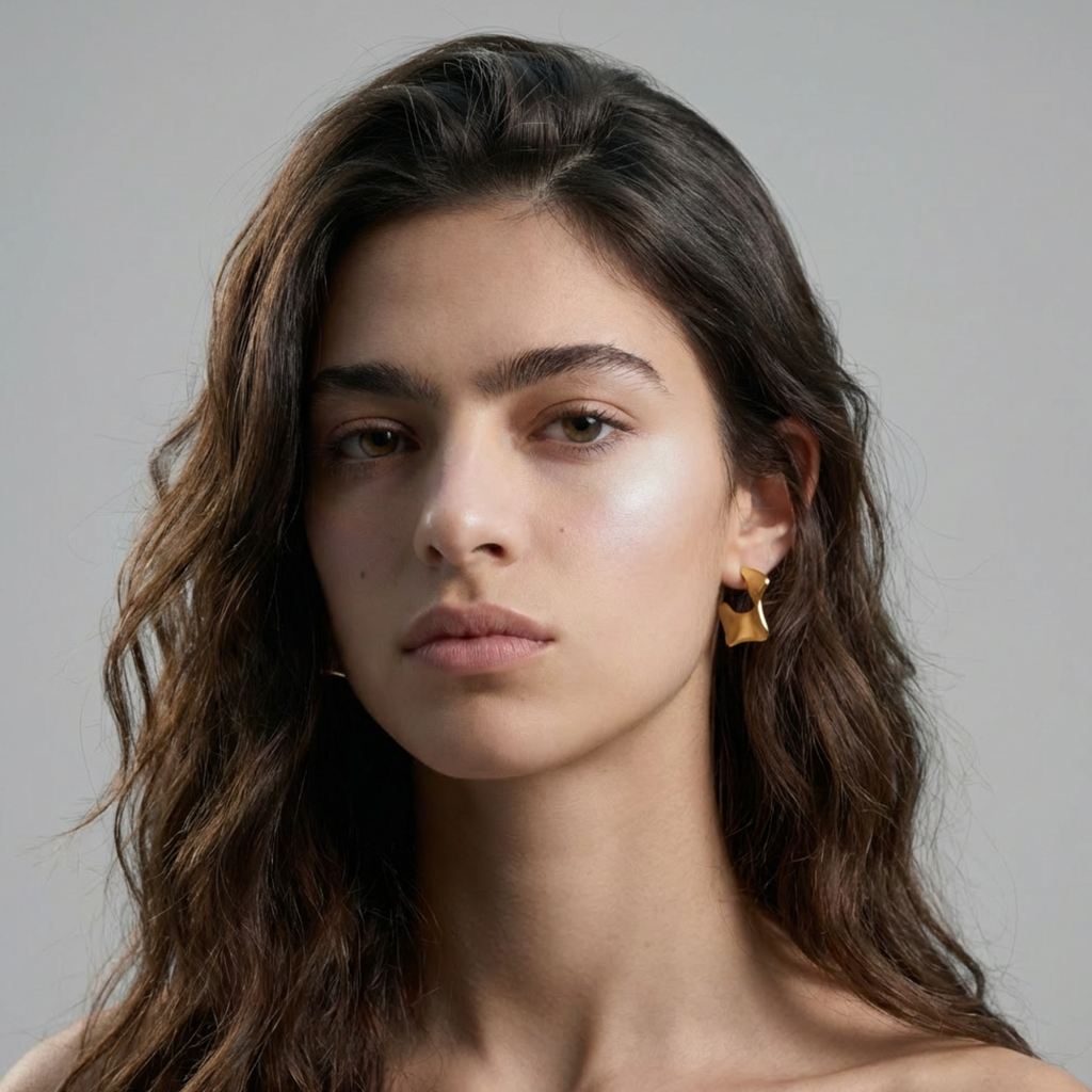 Gold-plated 925 silver Willow Earrings worn by model with wavy brown hair.
