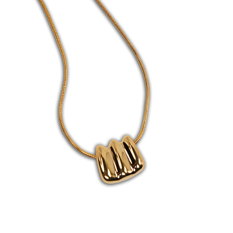 18K gold plated 925 silver necklace with a rippled, wave-textured pendant on a delicate chain, shown flat lay.