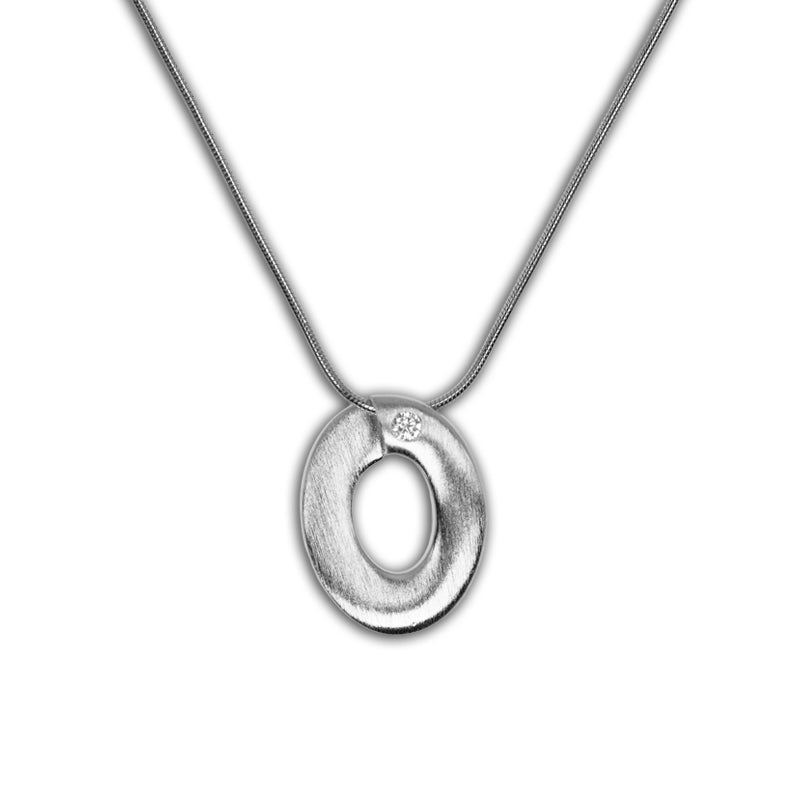 Ophelia Necklace in 925 silver with an oval pendant featuring a cutout center and small diamond accent, shown flat.