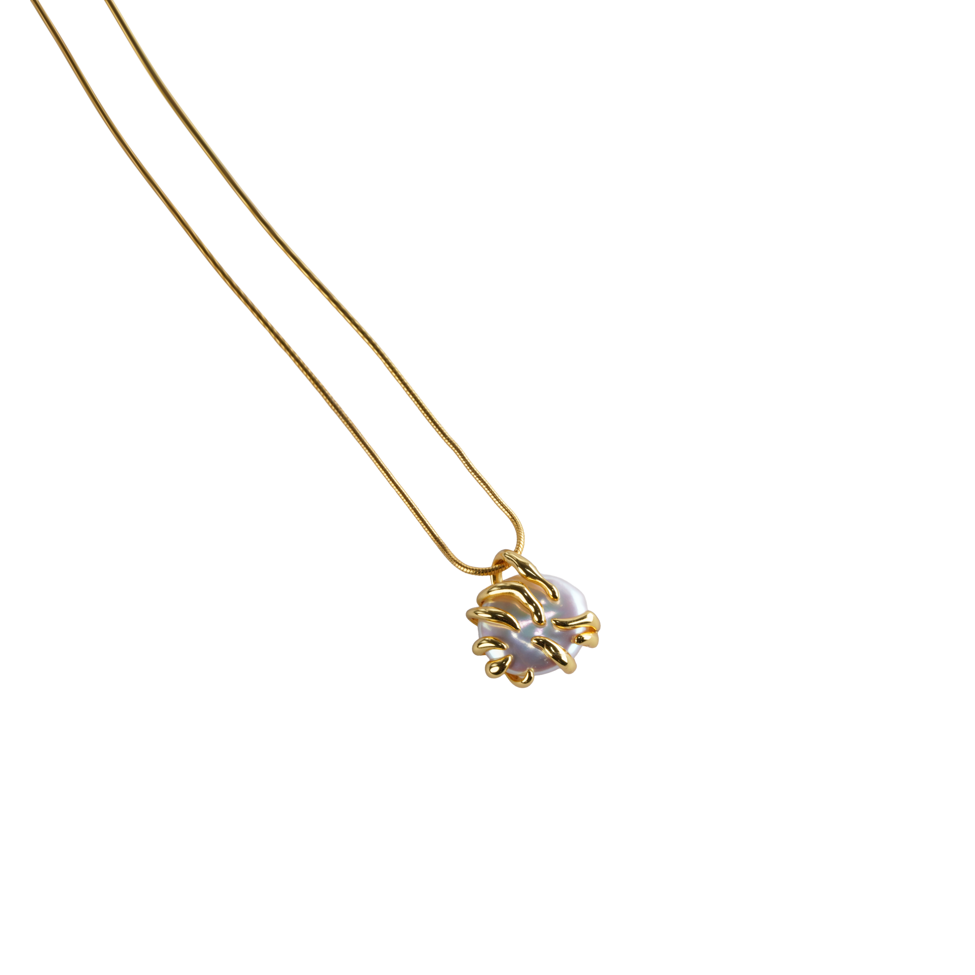 Calypso Pearl Necklace in 18K gold plated 925 silver with a baroque pearl pendant, shown at an angle on a chain.