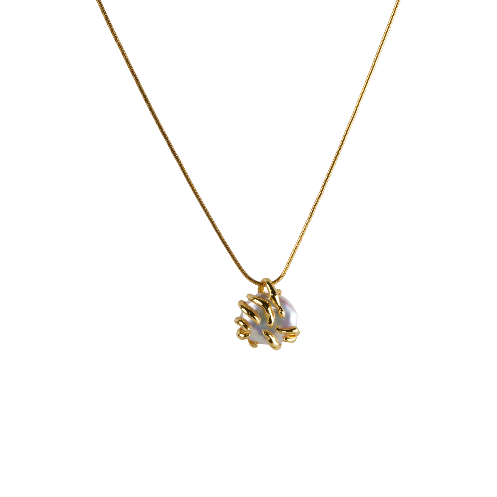 18K gold plated 925 silver necklace with baroque pearl held by sculptural hand pendant, shown on neck form.