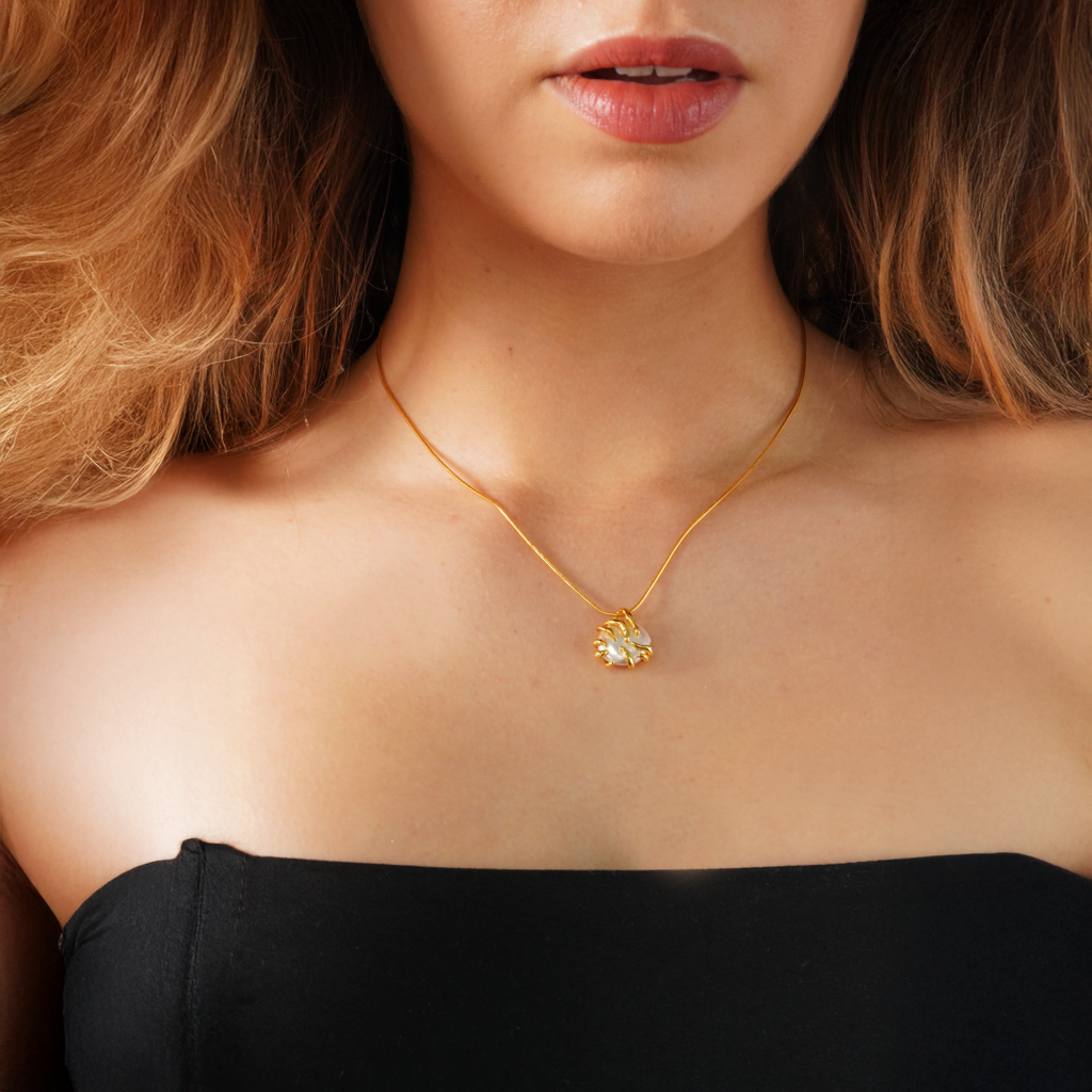Gold crab necklace with white pearl on delicate chain, Calypso Gold 18K plated silver.