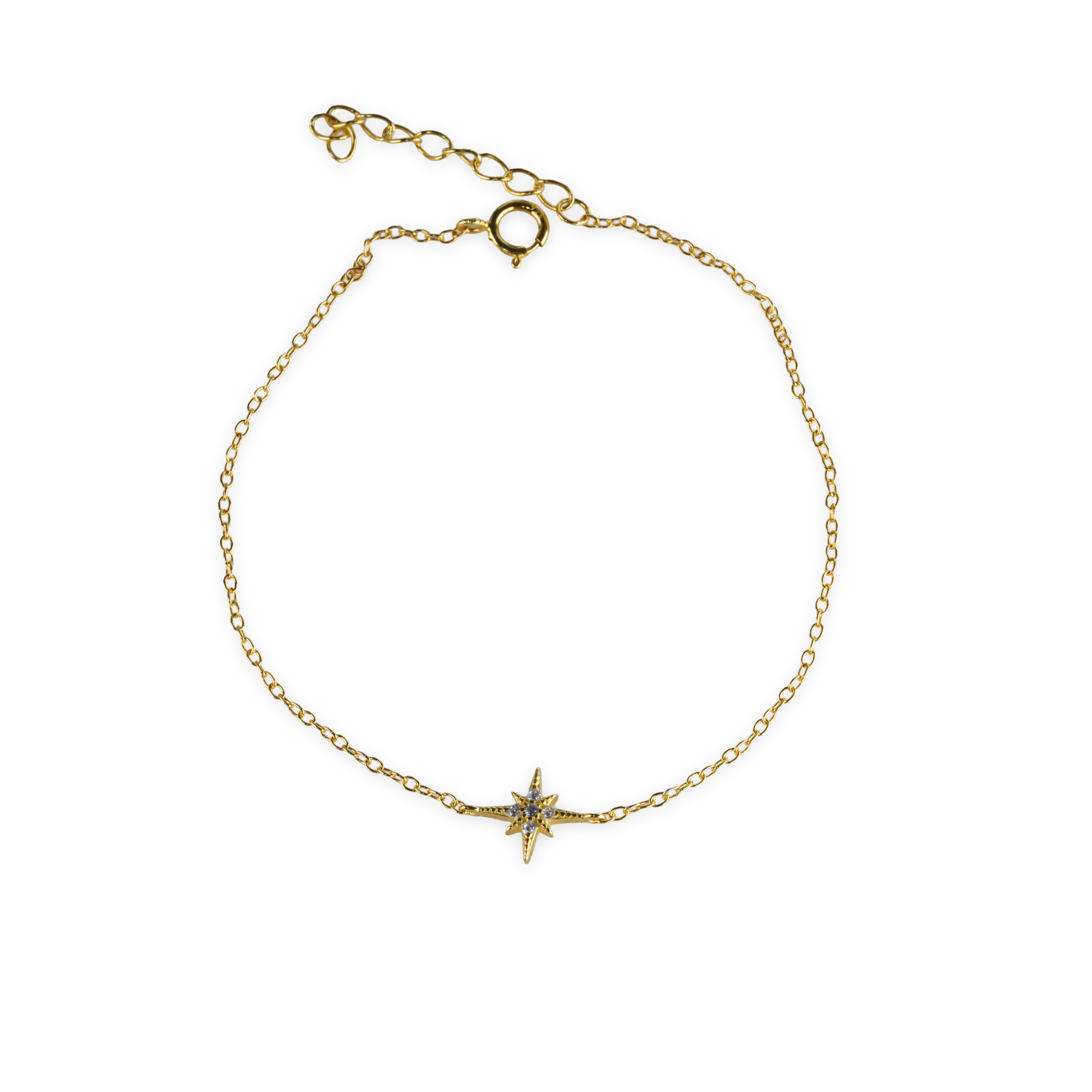 14K gold plated 925 silver bracelet with octagonal star zircon charm on cable chain, shown flat on white surface.