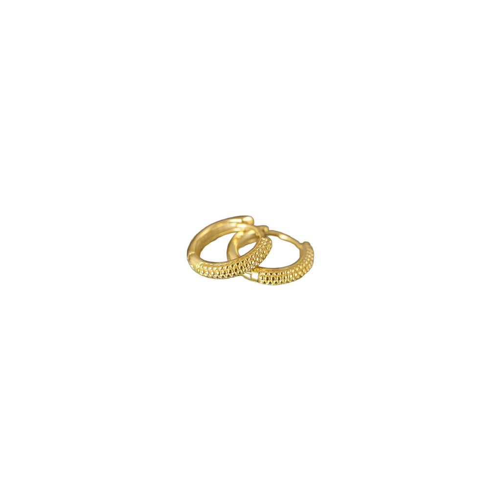 18K gold plated 925 silver hoop earrings with textured geometric detailing, shown overlapping at an angle.