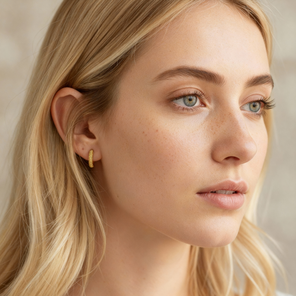 Blonde woman wearing Bella Huggies Gold small textured hoop earrings in 18K gold-plated 925 silver.