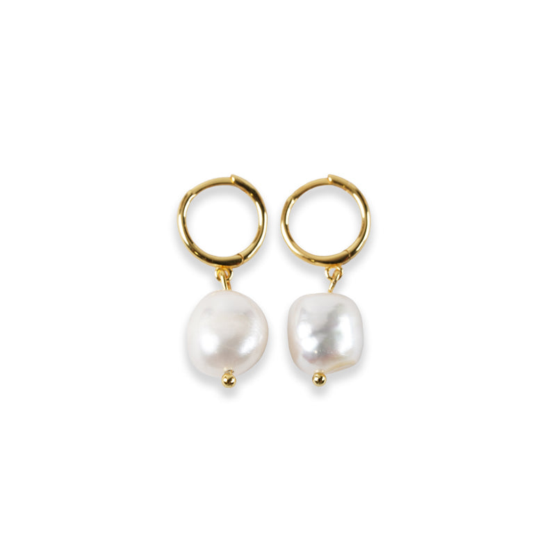 Margaux Earrings, 14K gold plated platinum earrings with baroque pearl drops on hoop studs, shown from front.