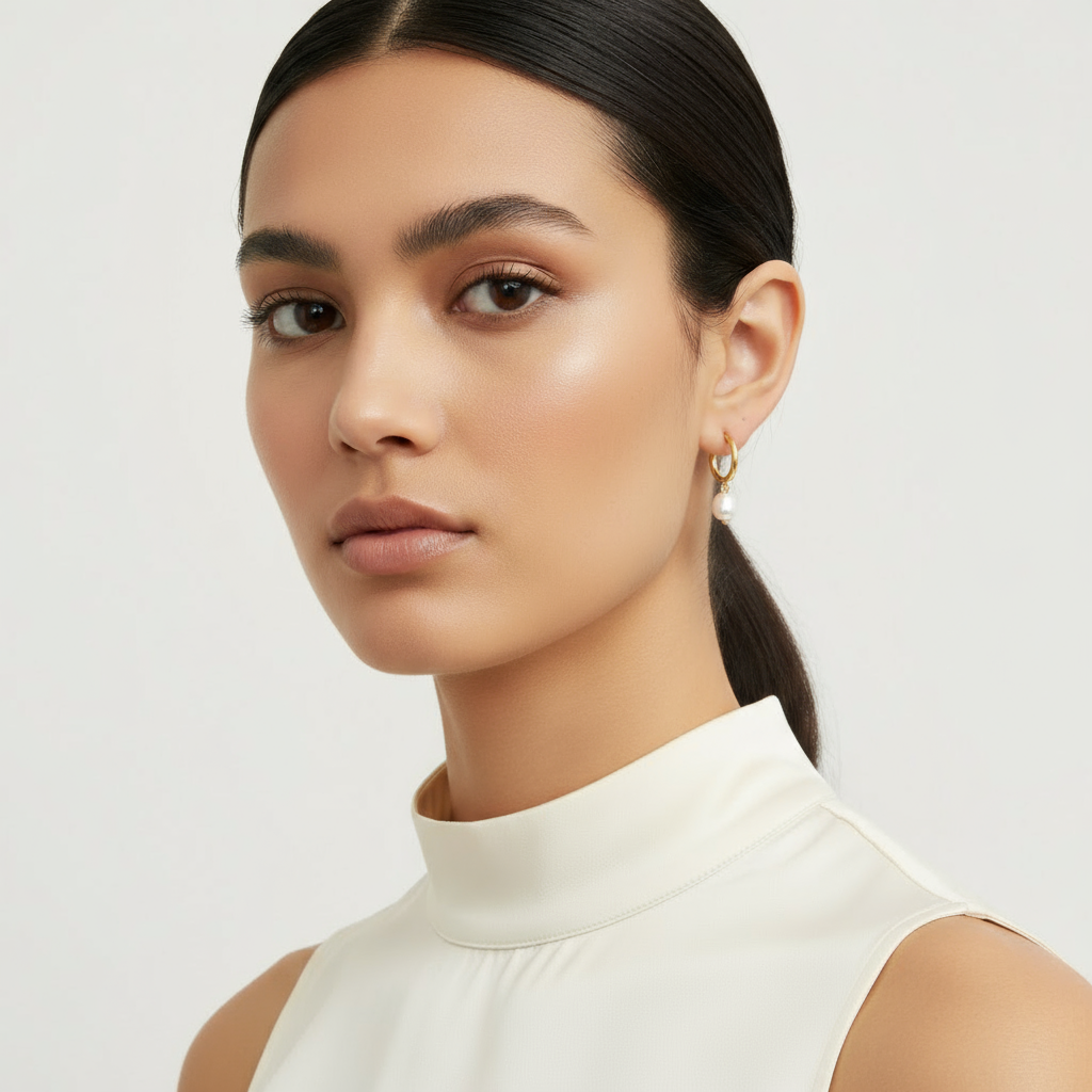 Margaux Earrings, 14K gold plated platinum earrings with pearl drops, shown worn on model's ear.