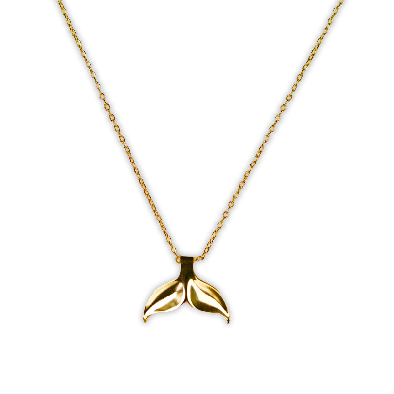 Ariel Whale Tale Necklace, a 14K gold plated 925 silver necklace, shown flat with whale tail pendant hanging from delicate chain.