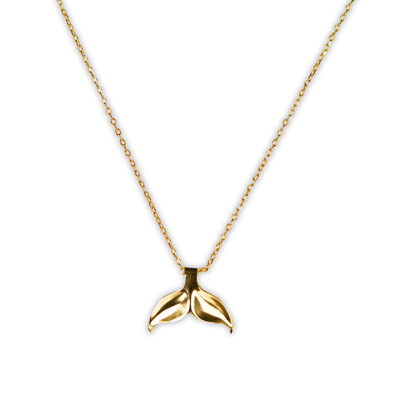 14K Gold plated 925 Silver necklace with whale tail pendant, shown flat on chain.