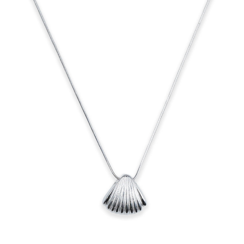 Aurora Shell Necklace in 925 silver with textured shell pendant, shown on a delicate chain against white background.