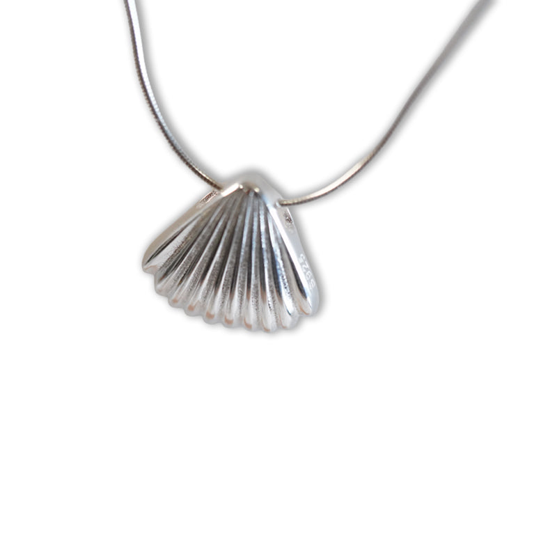 Aurora Shell Necklace in 925 silver with ribbed shell pendant, shown on a snake chain at an angle.